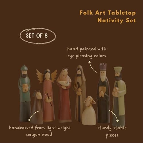 Folk Art Nativity Scene, Set of 8 Pieces, Tabletop Christmas Decorations, Collectible Figurines, Baby Jesus Holy Family Manger Scene, Indoor Xmas Decor for Tables, Shelf, Mantel, Handmade, Unique