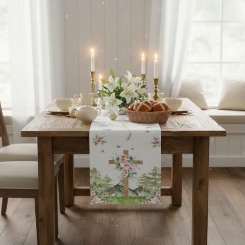 Easter Table Runner 13 x 72 Inch, Rustic Wood Cross with Spring Floral Design, He is Risen Religious Table Decor, Modern Farmhouse Kitchen Dining Runner for Easter Sunday & Family Party - style: Rustic Floral Cross