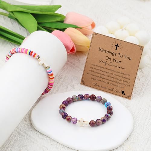 Cross Bracelet Baptism Gifts Easter Basket Stuffers First Communion Adjustable Clay and Stone Christ Holy Water Bracelet Faith Jewelry for Daughter Granddaughter Niece - color: purple-Communion