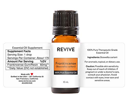 Frankincense Boswellia Carterii 10mL Essential Oil by Revive Essential Oils -100% Pure Therapeutic Grade, Diffusion, Massage, Aromatherapy, Skin & Hair Care, Cruelty Free, Unrefined with No Fillers - size: 0.34 Fl Oz (Pack of 1)