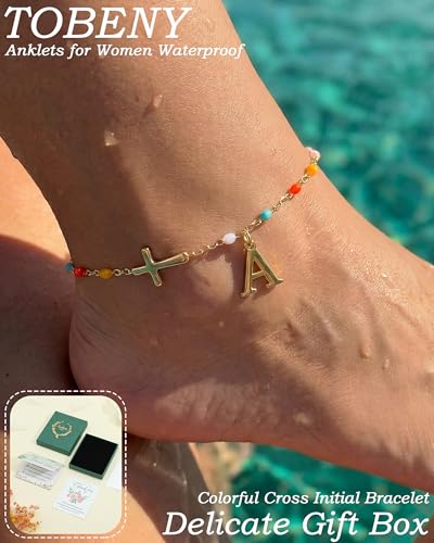 TOBENY Colorful A-Z Initial Cross Gold Ankle Bracelets for Women Waterproof - color: Initial Cross Anklet-A