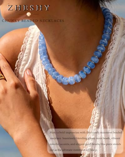 ZHESHY Chunky Beaded Necklaces for Women Heart Cross Statement Necklace - color: Blue