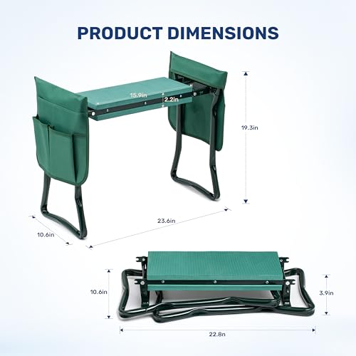 Healsmart Garden Kneeler and Seat, Foldable Kneeling Bench with Sturdy Soft EVA Foam Pad, for Camping, Gardening, Fishing, 2 Tool Pouches Included, Green - size: Kneeler and Seat