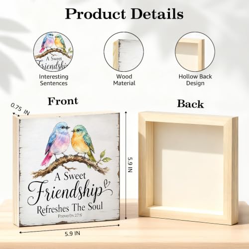 TOUNER A Sweet Friendship Refreshes The Soul Wooden Box Sign, Watercolor Birds Wooden Sign for Home Office Room Table Shelf Decor, Heartfelt Gifts for Best Friend Soul Sister Christian Believers - color: multicolored099