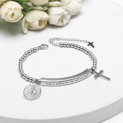 DS Women Christian Charm Bracelet,Cross Scripture Stainless Steel Jewelry - style: God is Within Her She Will Not Fall-Silver