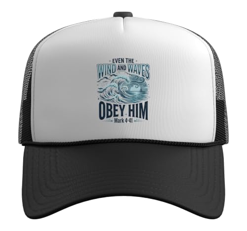 Christian Faith Bible Verse Jesus Wind and Waves Religious Trucker Hat with Adjustable Mesh Back - color: Black/White