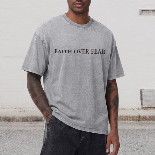Tuislay Faith Over Fear Shirt Men Jesus Christian Shirts Oversized Graphic Tshirts God Religious Bible Verse T-Shirts Clothes - color: Light Gray, size: Small