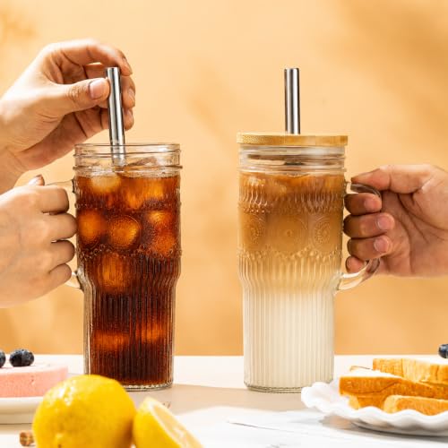 JunVpic Glass Tumbler, 24 oz Ice Coffee Cups with Bamboo Lid and Handle - color: Clear-Boho Pattern, size: 24oz