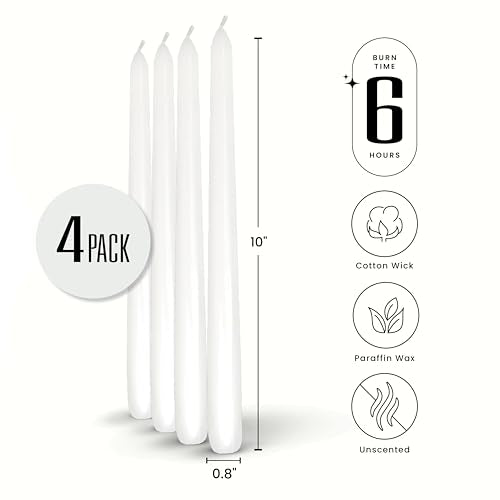 Leor & Lair White Taper Candles, 4 Pack, 10" Dripless White Candlesticks - color: White