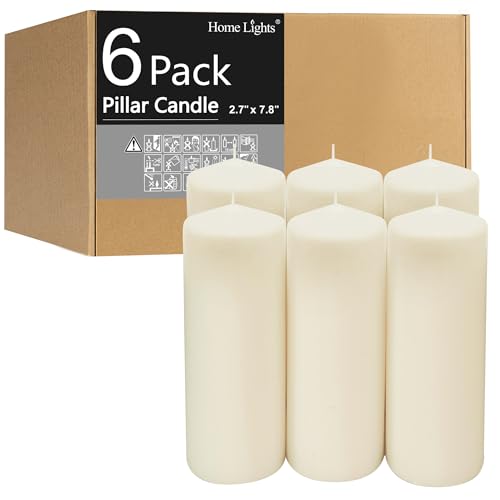 HomeLights Pillar Candles - 2.7x8 inch | 80 Hours Burning, 6 Count - White Unscented Smokeless European Pillar Candles - Perfect for Wedding, Parties, Spas, Home Gatherings and Dinner - size: 27X78P
