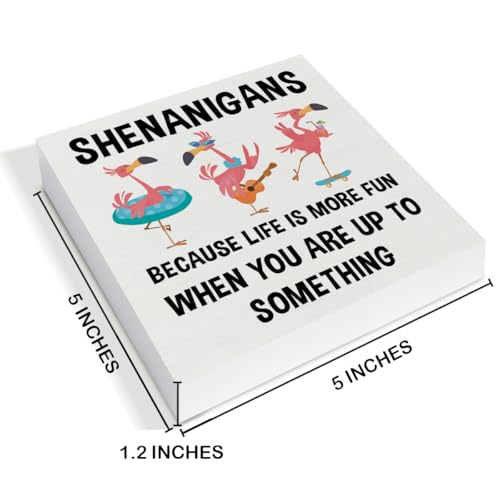 Flamingo Gifts for Women - Flamingo Decor - Shenanigans Because Life Is More Fun When You Are up to Something Wood Sign Home Restroom Desk Shelf Table Wall Tabletop Decorations 5×5 Inches - color: Flamingo Gifts