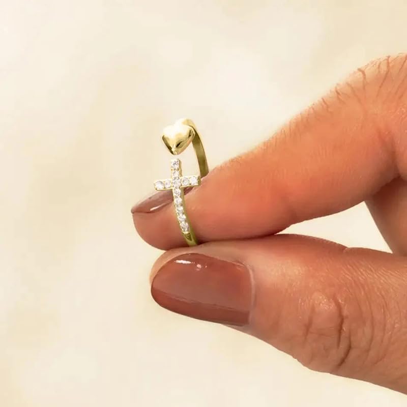 Cross Rings for Teen Girls Silver/Gold Heart Ring Cubic Zirconia Adjustable Ring Inspirational Pray Cross Heart Religious Christian Faith Jewelry Gifts for Her(Gold)6# - color: gold 6#