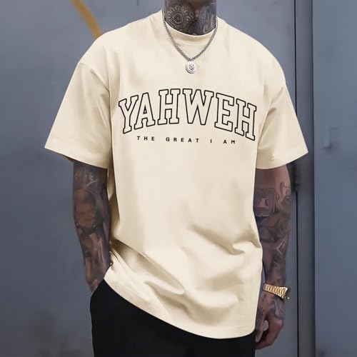 Christian Jesus Shirts for Men Religious God Yahweh Faith Shirt Bible Verse Vintage Oversized Graphic Tees Cotton Top - color: Apricot, size: Small