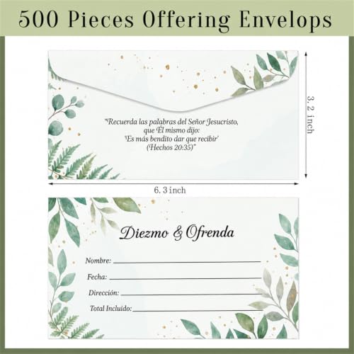 Woanger 500 Count Spanish Offering Envelopes Tithe Donation Tithes and Offering for Church Supplies (Watercolor Leaf) - style: Watercolor Leaf