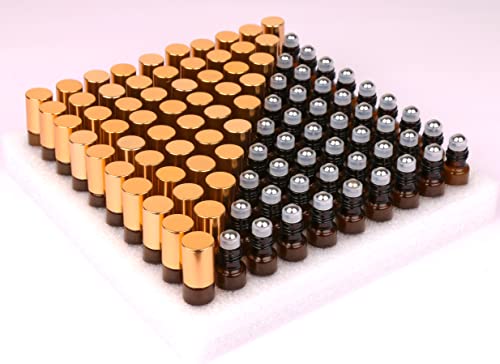 MaxMau Pack of 100,5ml Amber Glass Roller Bottles for Essential Oils Refillable Roll on Bottle with Stainless Steel Roller Balls Golden Cap For Home Travel Aromatherapy - color: Amber Roller Bottles -100 PACK