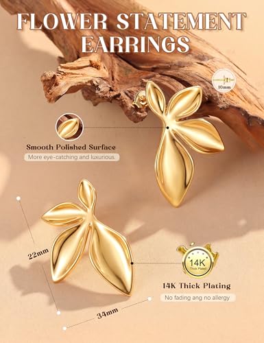 S925 Sterling Silver Flower Statement Earrings For Women Trendy - color: gold leaf