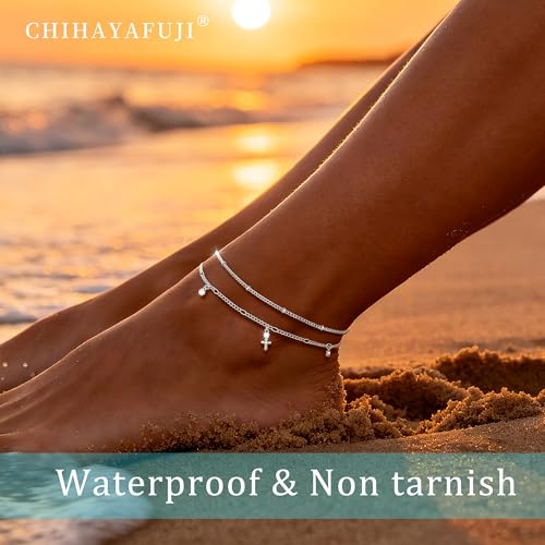 14K Gold/Sterling Silver Plated Ankle Bracelets for Women Waterproof Layered Stackable Sparkly Chain Birthstone Charm Non Tarnish Large Adjustable Birthday Jewelry Gift - color: Silver3
