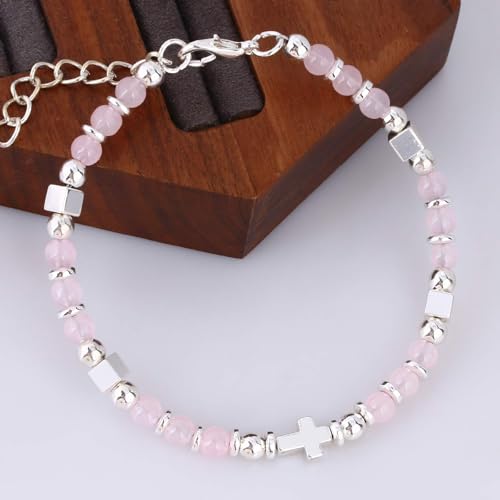 Beaded Bracelets for Women, Inspirational Natural Gemstone Bracelets Graduation Mothers Day Christmas Birthday Gifts for Mom, Daughter, Granddaughter, Wife, Sister, Best Friend - color: Rose Quartz, style: Cross