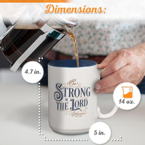Christian Art Gifts Large Inspirational Scripture Ceramic Coffee & Tea Mug – Strong in the Lord Bible Verse, Christian Gift for Men & Women, White & Blue, 14 oz, Lead & Cadmium-Free, Faith Drinkware - color: White & Blue/Strong in the Lord