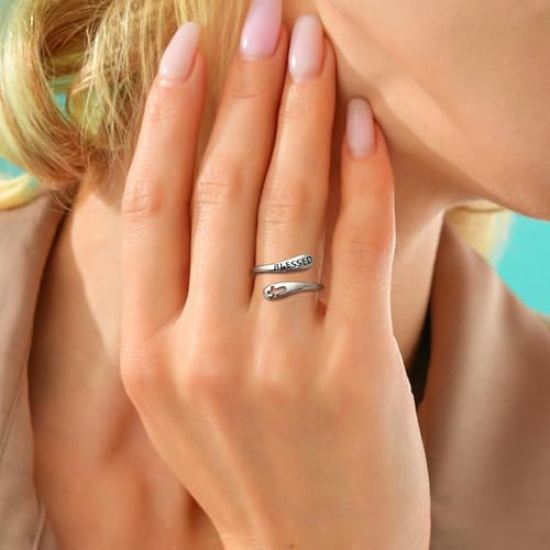 Jewmon 925 Sterling Silver Faith Cross Ring Adjustable I am Enough Inspirational Ring Engraved Bleassed Ring Encouragement Statement Ring for Women Chritian Jewelry Communion Baptism Chritian Gifts - color: A, Blessed Ring Silver