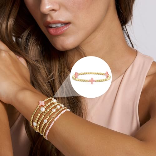 M MOOHAM Beaded Bracelets for Women Teen Girls, 14K Gold Bracelet Stack - color: Pink Cross-2