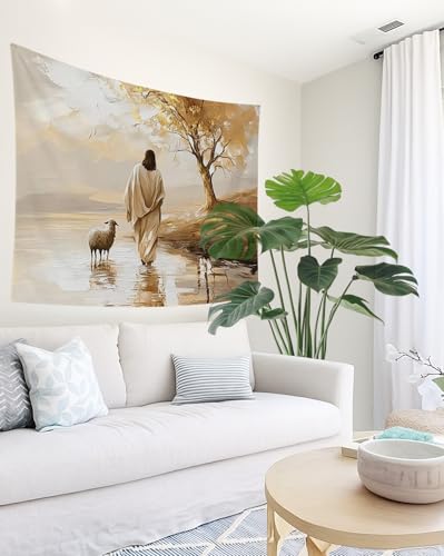 bitCNY Jesus and Sheep Tapestry 60x50 Inches – Autumn Christian Wall Art, Religious Home Decor, Pastoral Faith Tapestry for Living Room Bedroom - color: white-Jesus and Sheep