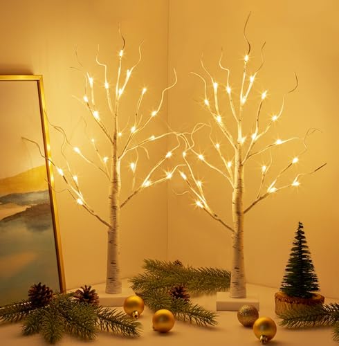 EAMBRITE Lighted Birch Tree Home Decor, Christmas Decorations Indoor 2Pack 24 LED Light Up Tabletop Mini Small Artificial White Trees Lamp with Lights Battery Operated/USB for Table Mantel (2FT) - style: Birch Tree x2