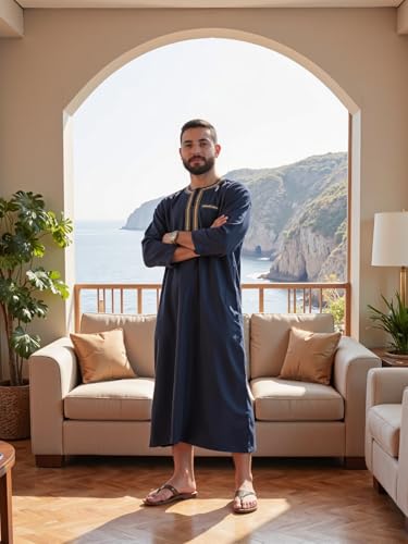 HOMELEX Men's Thobe Kaftan Arab Robe - color: Blue, size: Large