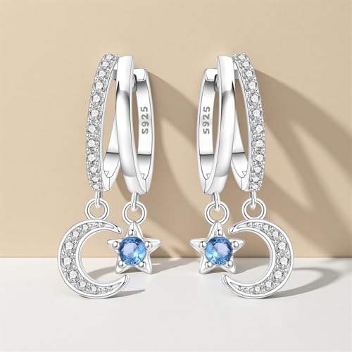925 Sterling Silver Hoop Earrings Drop Dangle Earrings for Women Hypoallergenic Earring Trendy Huggie Earring Cute Graduation Birthday Gifts Jewelry for Women - color: Double-Circle Star and Moon earrings