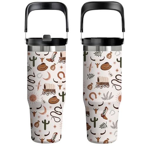 30oz Stainless Steel Insulated Tumbler with Top Handle, Cowboy Themed Gift - color: Cowboy1