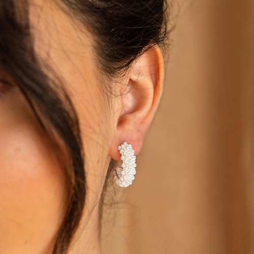 LLWOM Vintage Earrings,14k Gold Plated Gold Pearl,Moon, Star,Flower Earrings Hypoallergenic Lightweight Hoops Gifts - color: Silver-Pearl Earrings