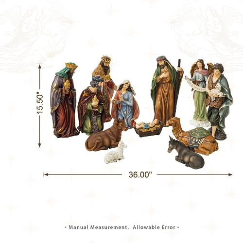 Glitzhome 15.5" x 36" Large Christmas Nativity Figurines Set for Tabletop Decorations, Xmas Resin Scenes Figures Sets Table Topper Ornaments, 12Pcs Christmas Collectibles Figurines Statue Decor - color: Colorful Nativity Figurines