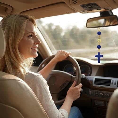 Cross for Car Mirror Hanging, Pink Rose Quartz Cross Car Mirror Hanger, Rearview Mirror Ornament Rosary, Catholic Car Accessories for Women Mom - color: Dark Blue