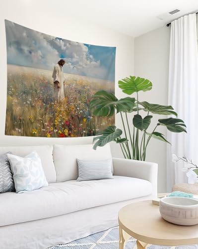 bitCNY Jesus Walking in Wildflower Field Tapestry – Christian Wall Art, Spiritual Home Decor, 50x60 Inch Fabric Hanging for Living Room Bedroom - color: white-Wildflower Field