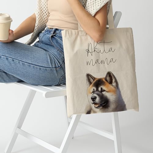 Dog Mom Canvas Tote Bag for Women, Reusable Cotton Shoulder Bag, Dog Lover Gift, Mother’s Day Pet Mom Shopping Tote - color: Akita
