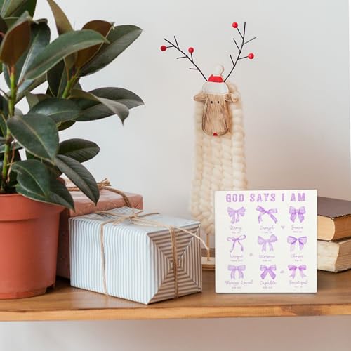 Coquette Purple Bow Christian Bathroom Wooden Signs,Coquette Room Decor,Purple God Says I Am Wooden Box Sign,Preppy Bow Bible Verse Decor For Girls Room Desk Shelf Tabletop 5x5 Inches - color: Purple