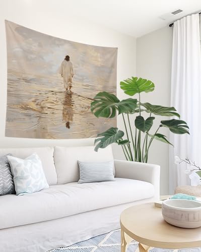 bitCNY Jesus Walking on Water Golden Glow Tapestry – Christian Wall Hanging with Divine Light, Faith-Inspired Religious Home Decor, 50x60 Inch - color: white-Water Golden Glow