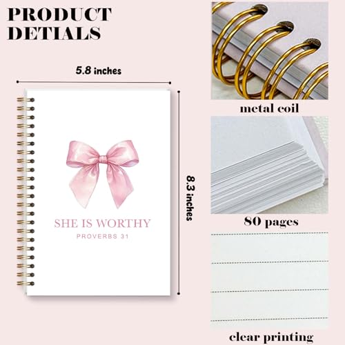 Pink Bow Notebook for Woman, Christain Journal Gifts for Teen Girls, Cute Preppy Pink Bow Spiral Notebook for Bible Note Taking - 5.5×8.3 - A05 - style: Christian She is Worthy