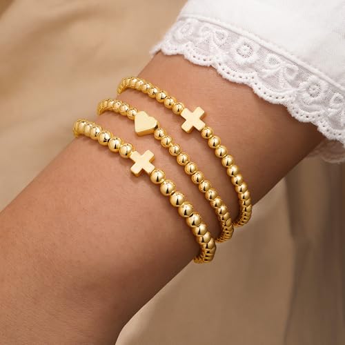 M MOOHAM Gold Beaded Bracelet Set for Women, Pearl Cross Stackable Jewelry - color: 3PCS-Cross Heart Bracelet