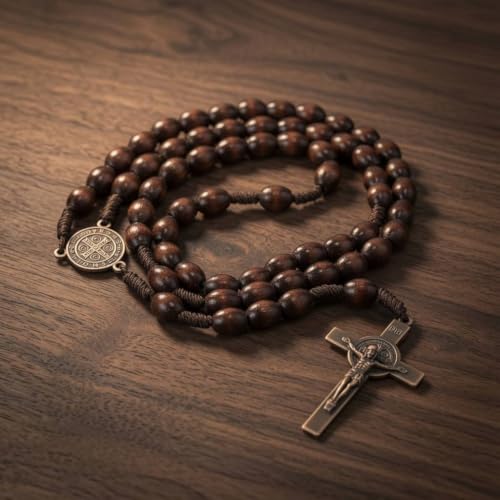 Nazareth Store St. Benedict Solid Wood Rosary Necklace Dark Wooden Beads Catholic Prayer Saint Medal with Bronze Metal Cross