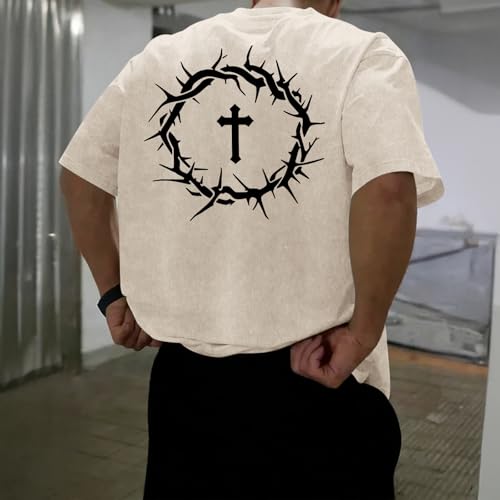 Mens Faith Over Fear Christian Shirts Jesus God Religious Bible Verse Cross Tshirt Oversized Acid Wash Graphic Tees - color: Apricot, size: Medium