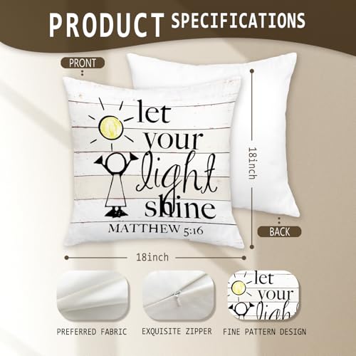 Bible Verse Pillow Covers 18x18, Inspirational Let Your Light Shine Decorative Throw Pillow Covers for Garden Yard Living Room Farmhouse Coffee Bar Office Decor