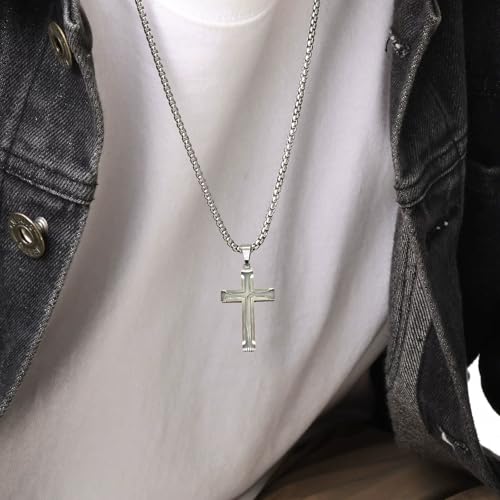 Cross Necklace for Men, Stainless Steel Black/Silver Cross Pendant Religious Necklace Christian Jewelry Chain 60 cm/23.6 inches - color: Silver