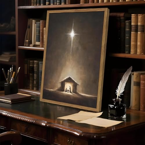 Nativity Scene Wall Art Jesus Nativity Wall Decor Painting Christian Beneath Bethlehem Star Manger Religious Poster Canvas Print Pictures for Prayer Living Room Bedroom 12x16 inch Wood Framed - color: Jesus-F, size: 16"L x 12"W