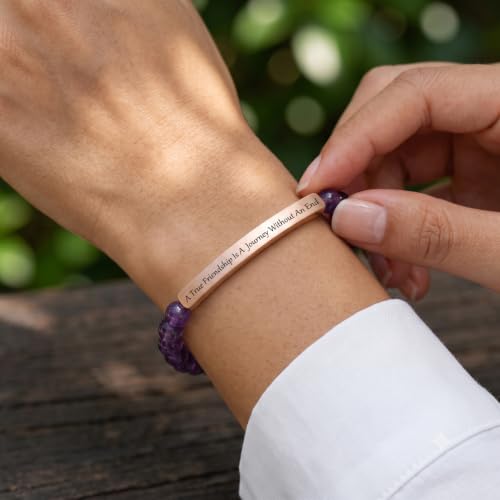 Amethyst Christian Bracelet for Women, 18K Gold Plated Bible Verse Jewelry, Inspirational Religious Faith Gift, Scripture Jewelry for Encouragement & Strength - color: A true friendship is a journey without an end-Amethyst Rose Gold