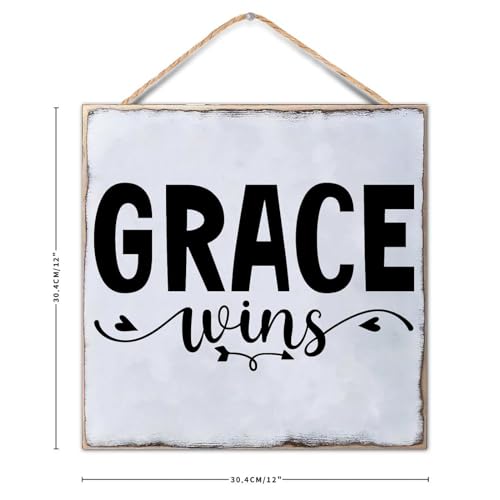 Grace Wins Wooden Family Sign with Quotes Bible Verse Vintage Wall Art Sign 12x12in Office Wooden Kitchen Decor Sign Home Wall Art Decor for Living Room Bedroom Farmhouse Office - color: Wooden Color-style-9