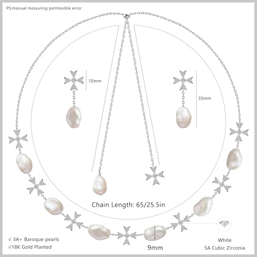 18K Gold Baroque Pearl Jewelry Set, 25.5 Inch Cross Pearls Necklace, Perfect Jewelry Gift for Women - size: Necklace + Earrings