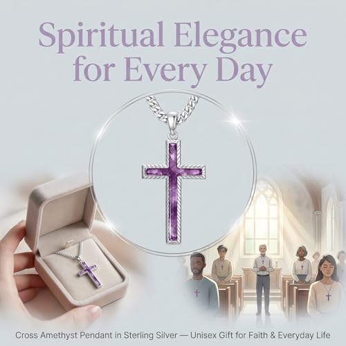 MRENITE Silver Natural Stone Cross Necklace, Classic Latin Cross Pendant Necklace for Unisex Women Man, Vintage Crystal Quartz Cross Necklace with 20+2 Inches Adjustable Cuban Chain - style: Amethyst