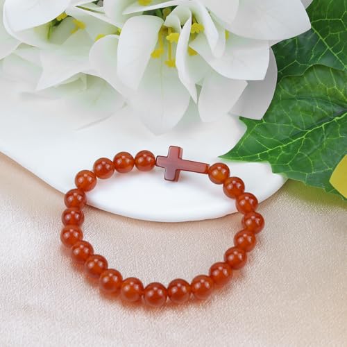 Crystal Bracelet for Men Women Adjustable Cross Stretch Beaded Bracelet Religious Christian Bracelet Healing Anxiety Bracelets - color: Red. - Red agate