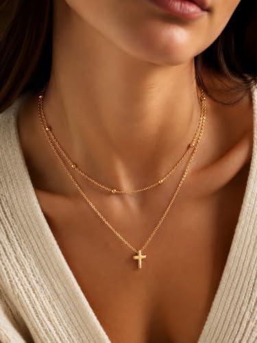 KeyStyle Cross Necklace for Women,Double Layered Gold Cross Pendant - color: Gold